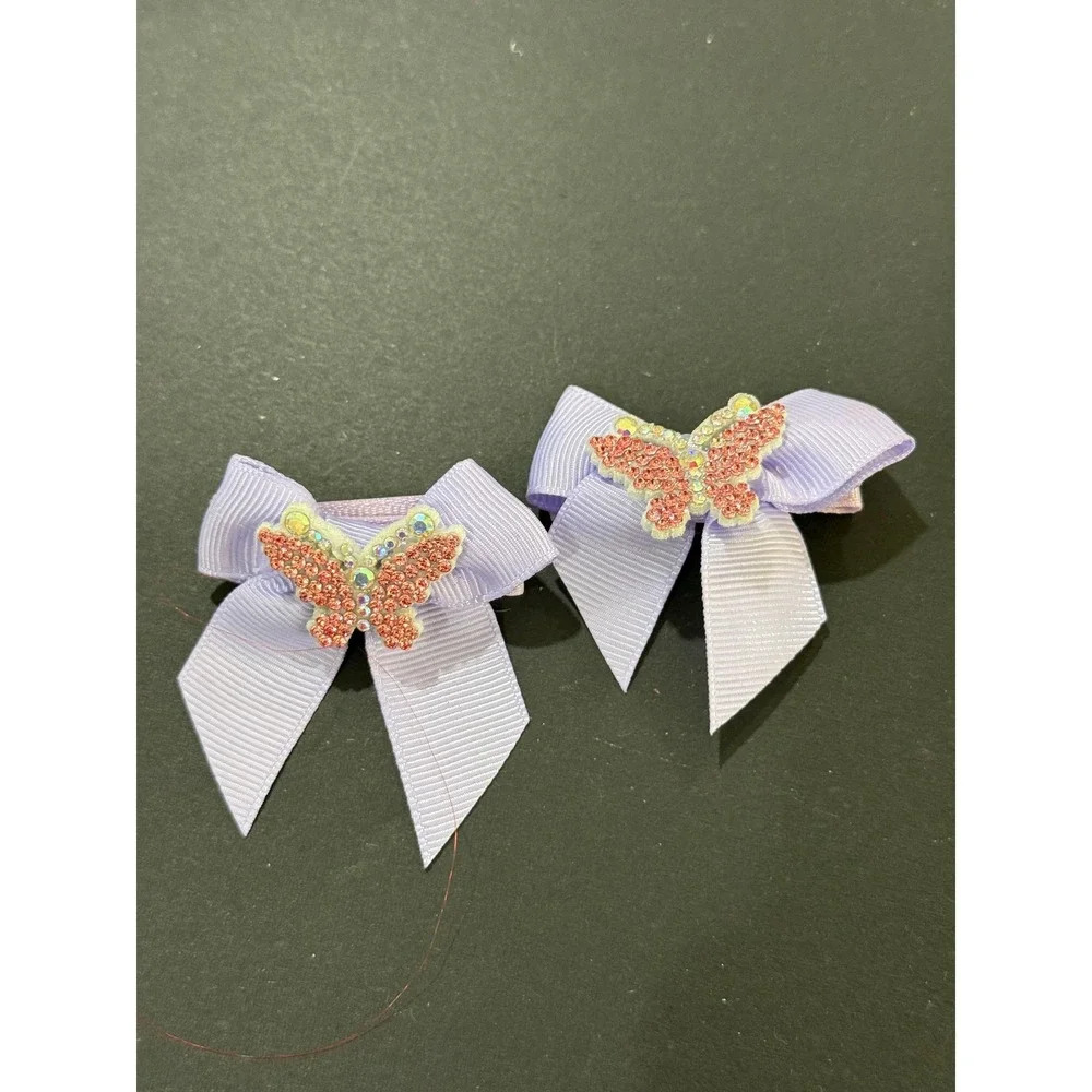 Lavender Hair Bow Pair Rhinestone Butterfly‎ Grosgrain Ribbon Barrettes